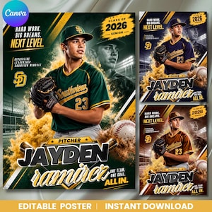 Puede incluir: Una plantilla de póster digital con un lanzador de béisbol que viste una camiseta verde y amarilla con el número 23. El diseño incluye texto como HARD WORK, BIG DREAMS, NEXT LEVEL, CLASS OF 2026 SENIOR y el nombre JAYDEN RAMIREZ.