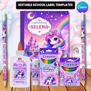 May include: A set of school supplies featuring a unicorn theme with the name Selena. Includes a composition book, glue, colored pencils, crayons, and two pencils. The items display a purple background with a castle, rainbow, and stars.