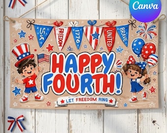Happy Fourth of July Banner Template, Independence Day Celebration, Printable Patriotic Banner, Independence Day Decor, DIY Paint Banner