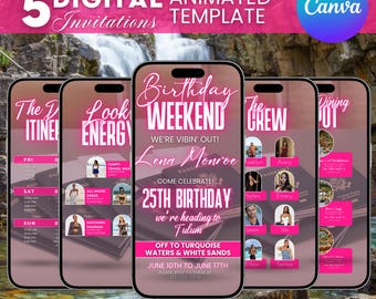 Digital Travel itinerary, itinerary template, travel itineray, Birthday Weekend Invitation, Weekend Itinerary, Girls Trip, Canva Editable