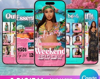 Digital Travel Itinerary, Animated Travel Itinerary, Birthday Weekend Invitation, Girls Trip, Vacation Schedule Trip Evite, Canva Editable