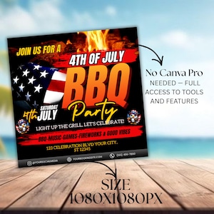 4th Of July BBQ Flyer, Independence Day BBQ Barbeque Flyer, July Fourth Food Friend and Firework, Party In USA Flyer, Editable Canva