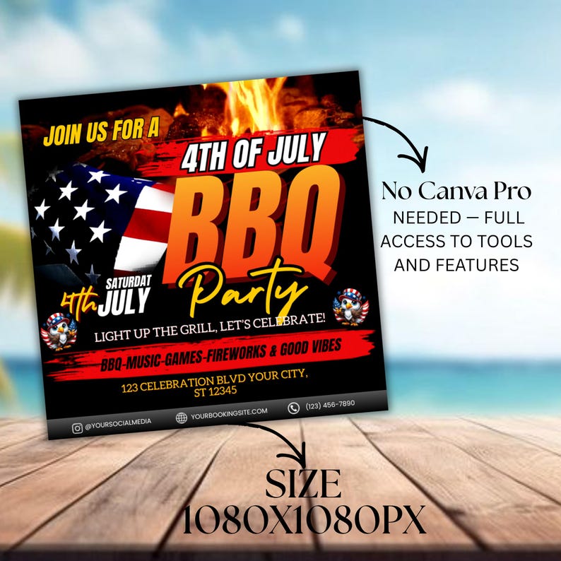 4th Of July BBQ Flyer, Independence Day BBQ Barbeque Flyer, July Fourth Food Friend and Firework, Party In USA Flyer, Editable Canva