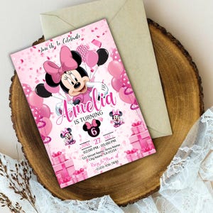 Editable Minnie Mouse Birthday Invitation, Pink Girl Party Invite, Kids Birthday Invite, Minnie Mouse Birthday, Six Birthday, Canva Editable