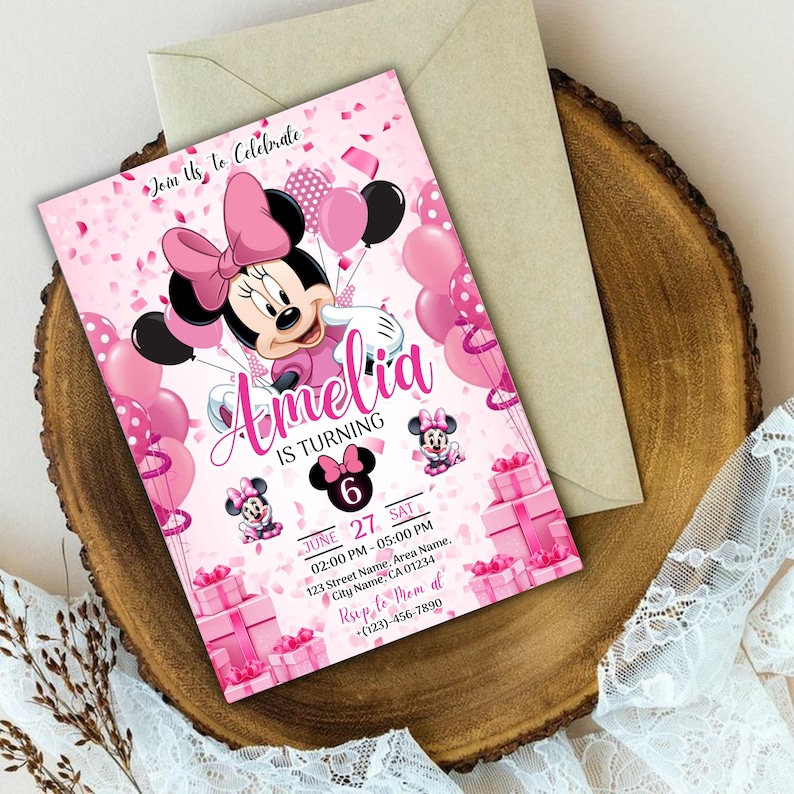 Editable Minnie Mouse Birthday Invitation, Pink Girl Party Invite, Kids Birthday Invite, Minnie Mouse Birthday, Six Birthday, Canva Editable