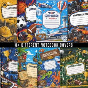 May include: A collection of eight composition notebooks featuring diverse graphic covers including construction sites, sports balls, airplanes, monster trucks, race cars, pirate themes, ocean life, and football players with the text Composition Book.