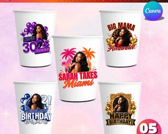 Editable Birthday Party PNG Templates, Styrofoam Cup Stickers, Pink Cheetah Cowgirl Casino Y2K Theme, Party Favor, Canva Editable