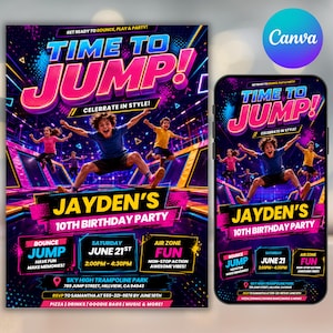 Trampoline Park Birthday Invitation, Jump Party Invite, Kids Birthday Digital Invite, Monster Truck Trampoline Birthday Invite, DIY Canva