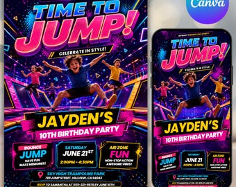 Trampoline Park Birthday Invitation, Jump Party Invite, Kids Birthday Digital Invite, Monster Truck Trampoline Birthday Invite, DIY Canva