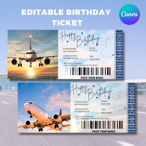 Könnte beinhalten: Zwei bearbeitbare Geburtstags-Bordkarten mit einem Verkehrsflugzeug, einer Weltkarte als Hintergrund und Textfeldern für Passagiername, Ziel, Datum und eine Nachricht. Das Design enthält einen Strichcode und den Text PACK YOUR BAGS!