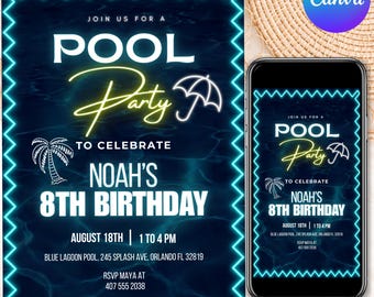 Pool Party Birthday Invitation, Pool Party Birthday, Pool Party Invite, Girls Teenage Birthday, Summer Pool Party, Canva Editable