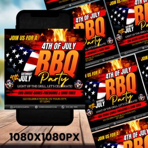 4th Of July BBQ Flyer, Independence Day BBQ Barbeque Flyer, July Fourth Food Friend and Firework, Party In USA Flyer, Editable Canva