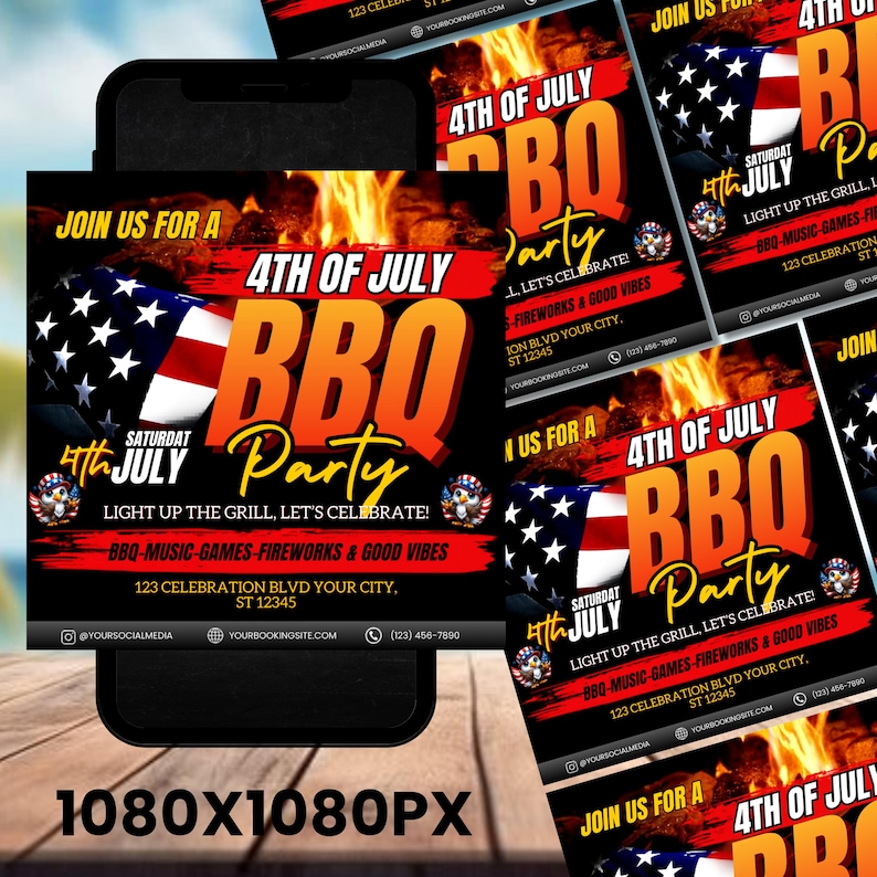 4th Of July BBQ Flyer, Independence Day BBQ Barbeque Flyer, July Fourth Food Friend and Firework, Party In USA Flyer, Editable Canva