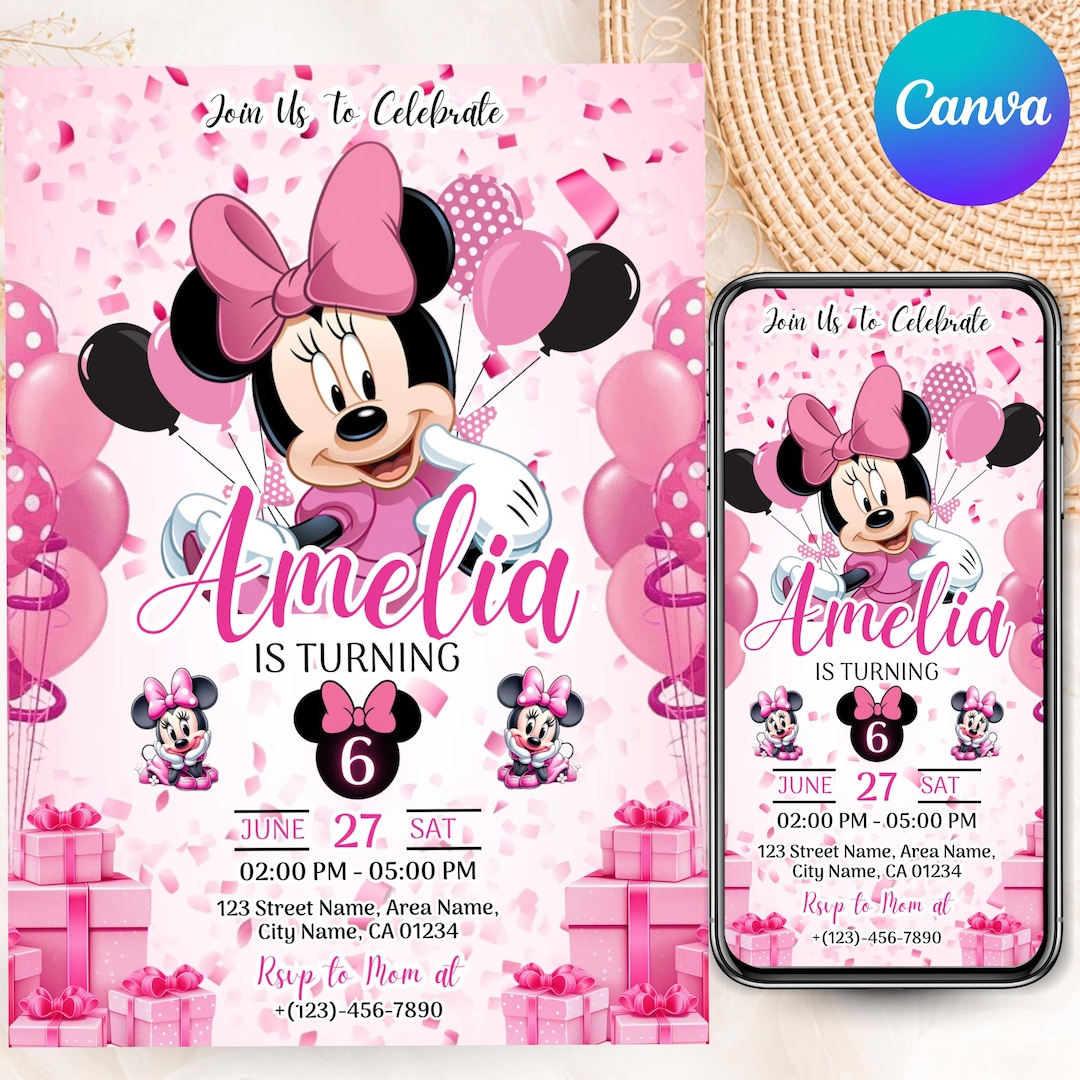 Editable Minnie Mouse Birthday Invitation, Pink Girl Party Invite, Kids Birthday Invite, M