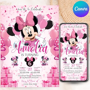 May include: A pink birthday invitation card and a smartphone displaying the same design. The graphic features a cartoon mouse with a pink bow, pink balloons, and gift boxes. Text includes Join Us To Celebrate, Amelia Is Turning 6, June 27, and event details with a phone number.