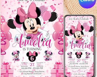 Editable Minnie Mouse Birthday Invitation, Pink Girl Party Invite, Kids Birthday Invite, Minnie Mouse Birthday, Six Birthday, Canva Editable