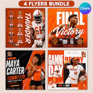 May include: A bundle of four digital sports flyer templates featuring orange and black color schemes. The designs include a football schedule, a basketball final victory graphic, a track and field commitment announcement, and a softball game day flyer.