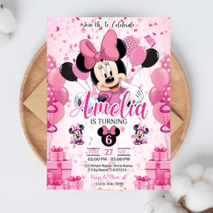 Editable Minnie Mouse Birthday Invitation, Pink Girl Party Invite, Kids Birthday Invite, Minnie Mouse Birthday, Six Birthday, Canva Editable