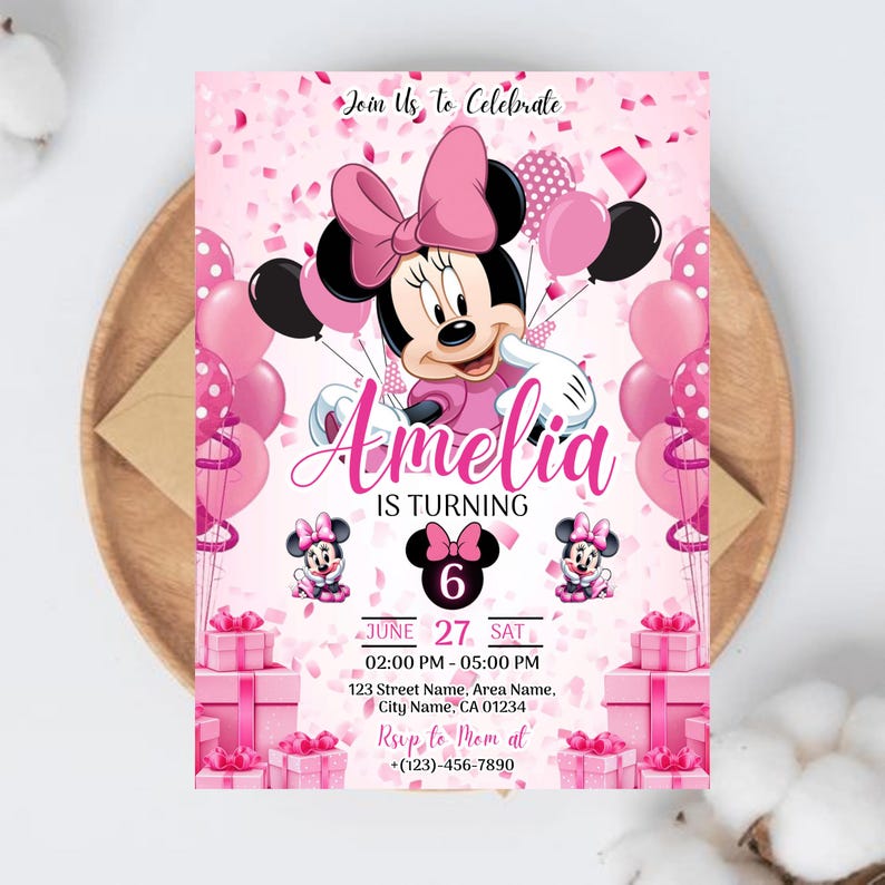 Editable Minnie Mouse Birthday Invitation, Pink Girl Party Invite, Kids Birthday Invite, Minnie Mouse Birthday, Six Birthday, Canva Editable