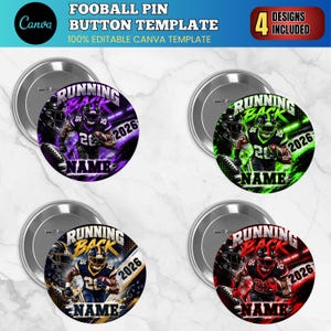 Può includere: Un modello digitale Canva con quattro design di spille rotonde a tema football americano. Ogni spilla mostra un giocatore in azione, il testo RUNNING BACK, l'anno 2026 e uno spazio per un nome in schemi di colore viola, verde, giallo e rosso.