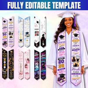 Può includere: Un modello digitale per una stola di laurea con vari design e testi come The Adventure Continues, Class of 2026 e Every Milestone Is A Witness Of Your Strength, mostrato accanto a una toga e un tocco di laurea di colore bianco.