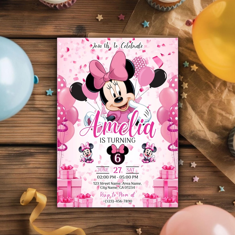 Editable Minnie Mouse Birthday Invitation, Pink Girl Party Invite, Kids Birthday Invite, Minnie Mouse Birthday, Six Birthday, Canva Editable