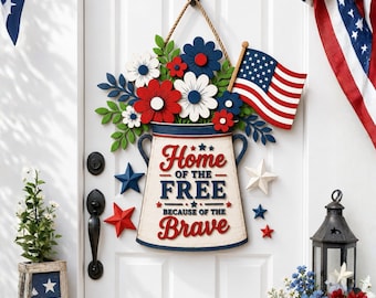 Home Of The Free Door Hanger SVG, Patriotic Mason Jar Sign Laser Cut File, 4th Of July Porch Decor, Cricut Glow forge, Canva