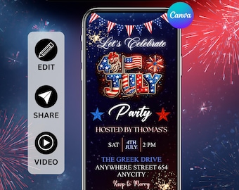 4th Of July Party Fireworks Invitation, Independence Day BBQ Bonfire Party Invite, Animated Patriotic Invite, Fourth of July, Canva Editable