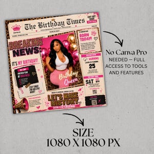 Newspaper Birthday Invitation, Leopard Print Glam Party Evite, Editable Social Media Flyer Template, Digital Birthday Dinner Invite