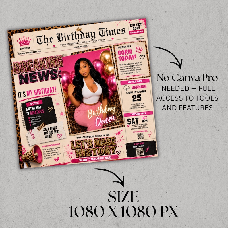 Newspaper Birthday Invitation, Leopard Print Glam Party Evite, Editable Social Media Flyer Template, Digital Birthday Dinner Invite
