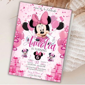 Editable Minnie Mouse Birthday Invitation, Pink Girl Party Invite, Kids Birthday Invite, Minnie Mouse Birthday, Six Birthday, Canva Editable