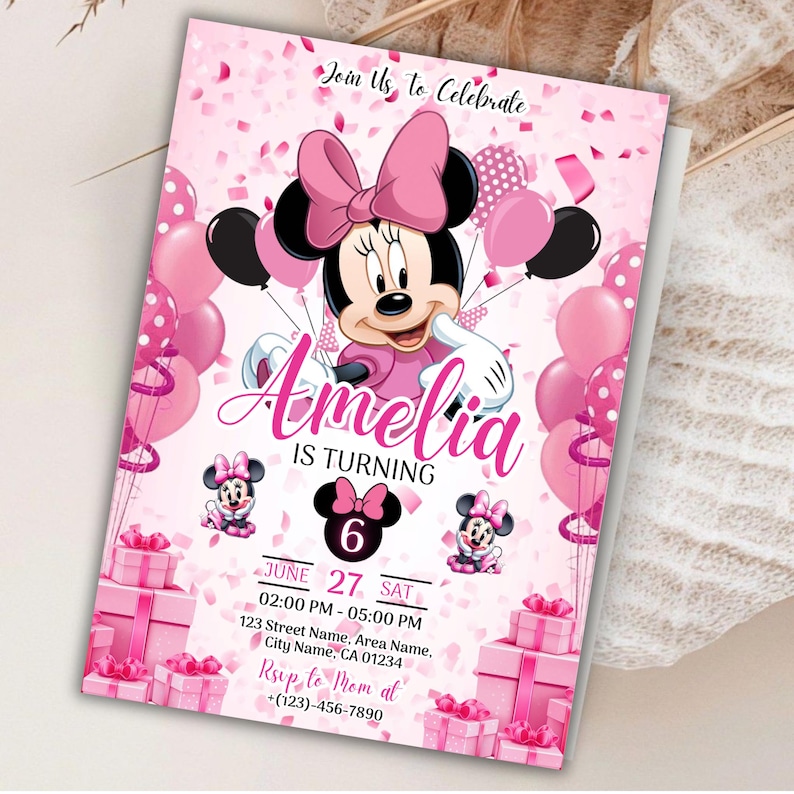 Editable Minnie Mouse Birthday Invitation, Pink Girl Party Invite, Kids Birthday Invite, Minnie Mouse Birthday, Six Birthday, Canva Editable
