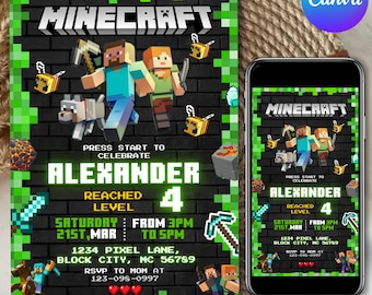 Minecraft Birthday Invitation, Minecraft Birthday Party Invite, Gamer invitation, Minecrafter birthday invite, Gamer Birthday,Canva Editable