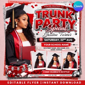 Op de afbeelding: Een afstudeerfeest flyer met een persoon in een zwarte baret en rode stola die een diploma vasthoudt. De tekst luidt TRUNK PARTY, Jessica Turner, Saturday 22nd Aug, Your School Name, 123 Street Name, Area Name, City Name, CA01234.
