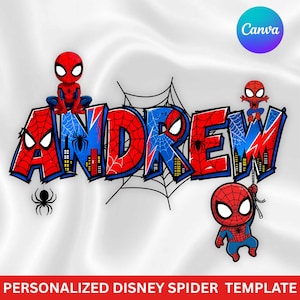 May include: A graphic design featuring the name ANDREW in large, bold, red and blue letters with a spiderweb pattern. Three cartoon Spider-Man figures are positioned around the text, which is set against a white background with a spiderweb.