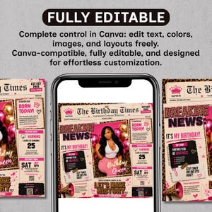 Newspaper Birthday Invitation, Leopard Print Glam Party Evite, Editable Social Media Flyer Template, Digital Birthday Dinner Invite
