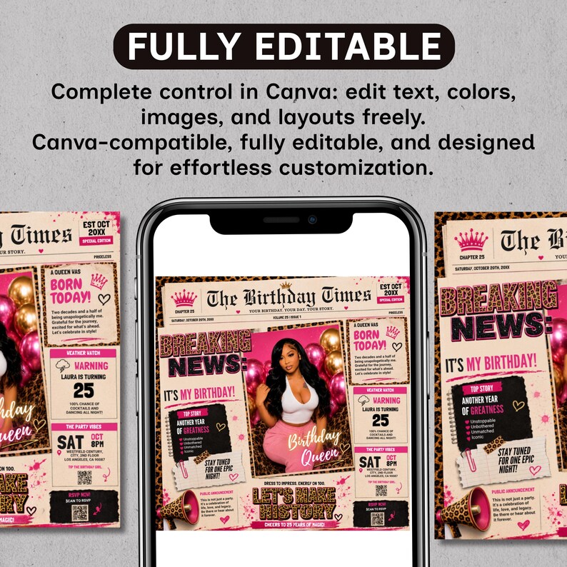 Newspaper Birthday Invitation, Leopard Print Glam Party Evite, Editable Social Media Flyer Template, Digital Birthday Dinner Invite