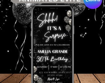 Shhh It's a Surprise Birthday video Invitation, Silver Glitter Digital Invitation, Surprise digital invitation, Canva Editable
