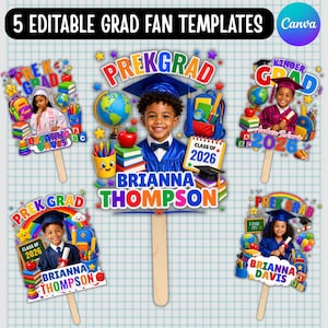 Pode incluir: Cinco modelos de leques de formatura editáveis. Cada leque apresenta uma criança em traje de formatura, com as palavras "Prek Grad" ou "Kinder Grad" e o ano "2026". Os leques incluem gráficos com tema escolar.