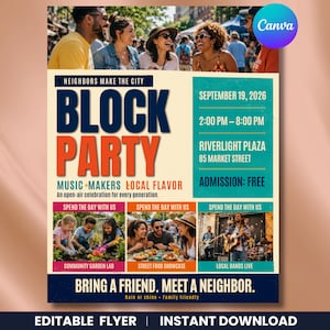 Könnte beinhalten: Ein Flyer für ein Straßenfest am 19. September 2026 am Riverlight Plaza, 85 Market Street. Der Text lautet Neighbors Make The City Block Party, Music Makers Local Flavor und Bring A Friend. Meet A Neighbor. Er enthält Fotos von Menschen.