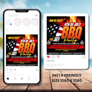 4th Of July BBQ Flyer, Independence Day BBQ Barbeque Flyer, July Fourth Food Friend and Firework, Party In USA Flyer, Editable Canva