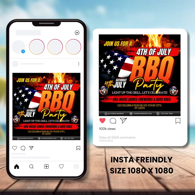 4th Of July BBQ Flyer, Independence Day BBQ Barbeque Flyer, July Fourth Food Friend and Firework, Party In USA Flyer, Editable Canva