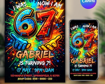 Six Seven Birthday Invitation, I Was 6 Now I’m 7 Invite, Editable Party Template, Kids Birthday invitation, Instant download, Canva Editable
