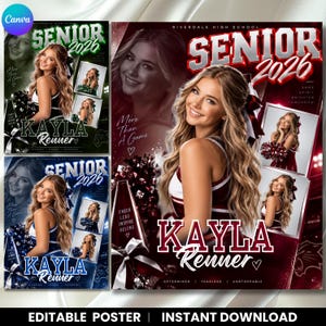 Peut inclure: Un modèle d'affiche numérique présentant une pom-pom girl de terminale nommée Kayla Renner, promotion 2026. Le design inclut plusieurs cadres photo, le texte "Senior 2026", "More Than A Game" et "Cheer Lead Inspire Belong" dans des tons bordeaux et blanc.