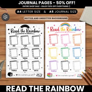 Może przedstawiać: Dwie strony dziennika do wydrukowania z tekstem "Read the Rainbow". Każda strona zawiera tęczę książek do pokolorowania, z nazwami kolorów takimi jak czerwony, różowy i pomarańczowy. Strony są dostępne w formatach A4 i A5.