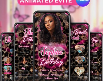Birthday Trippin Invitation, Trip Animated Vacation Itinerary, Schedule Pink Leopard Weekend Schedule Evite, Travel Party Planner Template