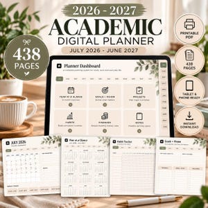 Può includere: Un'agenda accademica digitale da luglio 2026 a giugno 2027 visualizzata su uno schermo di tablet, con una dashboard per obiettivi, progetti, abitudini e finanze, insieme a quattro esempi di pagine stampate con calendari e tracker.