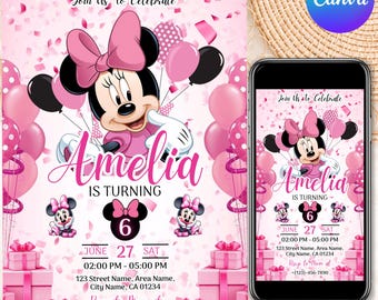 Editable Minnie Mouse Birthday Invitation, Pink Girl Party Invite, Kids Birthday Invite, Minnie Mouse Birthday, Six Birthday, Canva Editable
