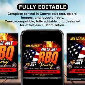 4th Of July BBQ Flyer, Independence Day BBQ Barbeque Flyer, July Fourth Food Friend and Firework, Party In USA Flyer, Editable Canva