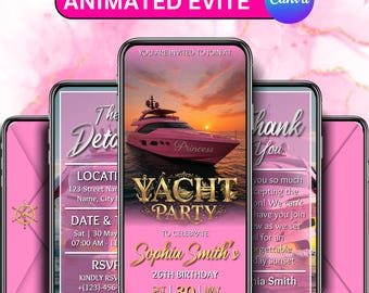 Pink Yacht Party Invitation, Luxury Boat Birthday Party Invite, Digital Cruise Video, Weekend Boat Party, Summer Event Animated, DIY Canva